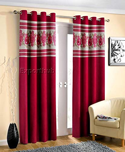 Image of Exporthub 2 Piece Fancy Maroon Plain Crush Polyetser with Patch Design Eyelet Window Curtain-Length 5 Feet, (EHSPR705 54)