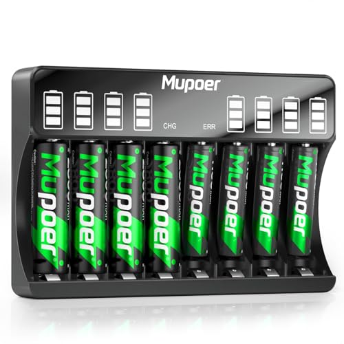 Mupoer Rechargeable AA/AAA Batteries with Charger, 4 Pack AA & 4 Pack AAA High Capacity Ni-MH Batteries and LCD Screen Charger, Independent Slot Smart Battery Charger Combo