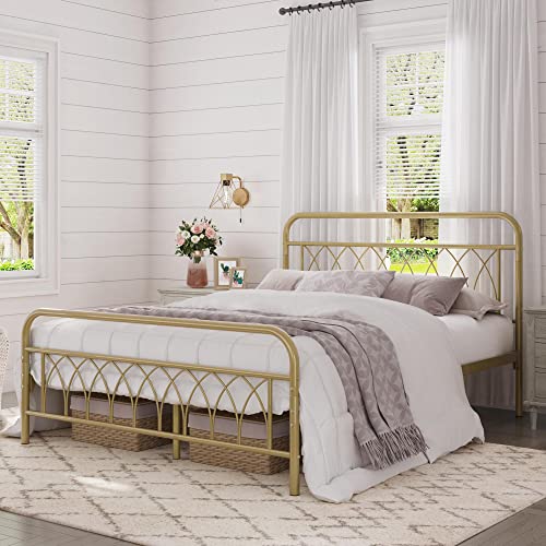 Yaheetech Queen Bed Frame Metal Platform Bed With Petal Accented Headboard/Footboard/14.4 Inch Under Bed Storage/No Box Spring Needed,Antique Gold #TOP3