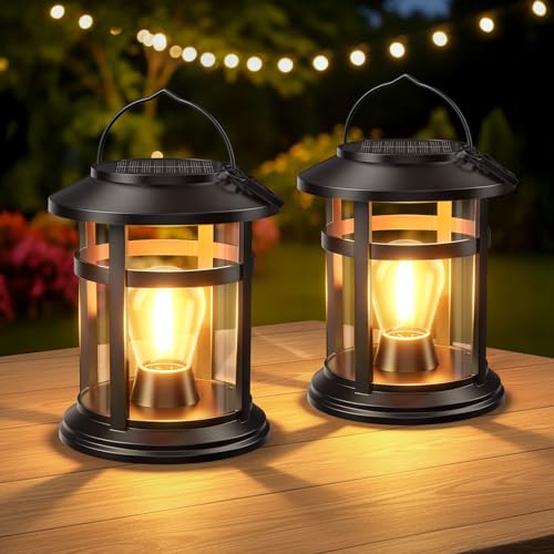 Solar Lantern Outdoor Waterproof, 2 Pack Bright Hanging Solar Lights for Outside Decorative, Upgraded Solar Powered Lanterns LED Lighting for Garden Patio Porch Decor Gifts (Warm Light)