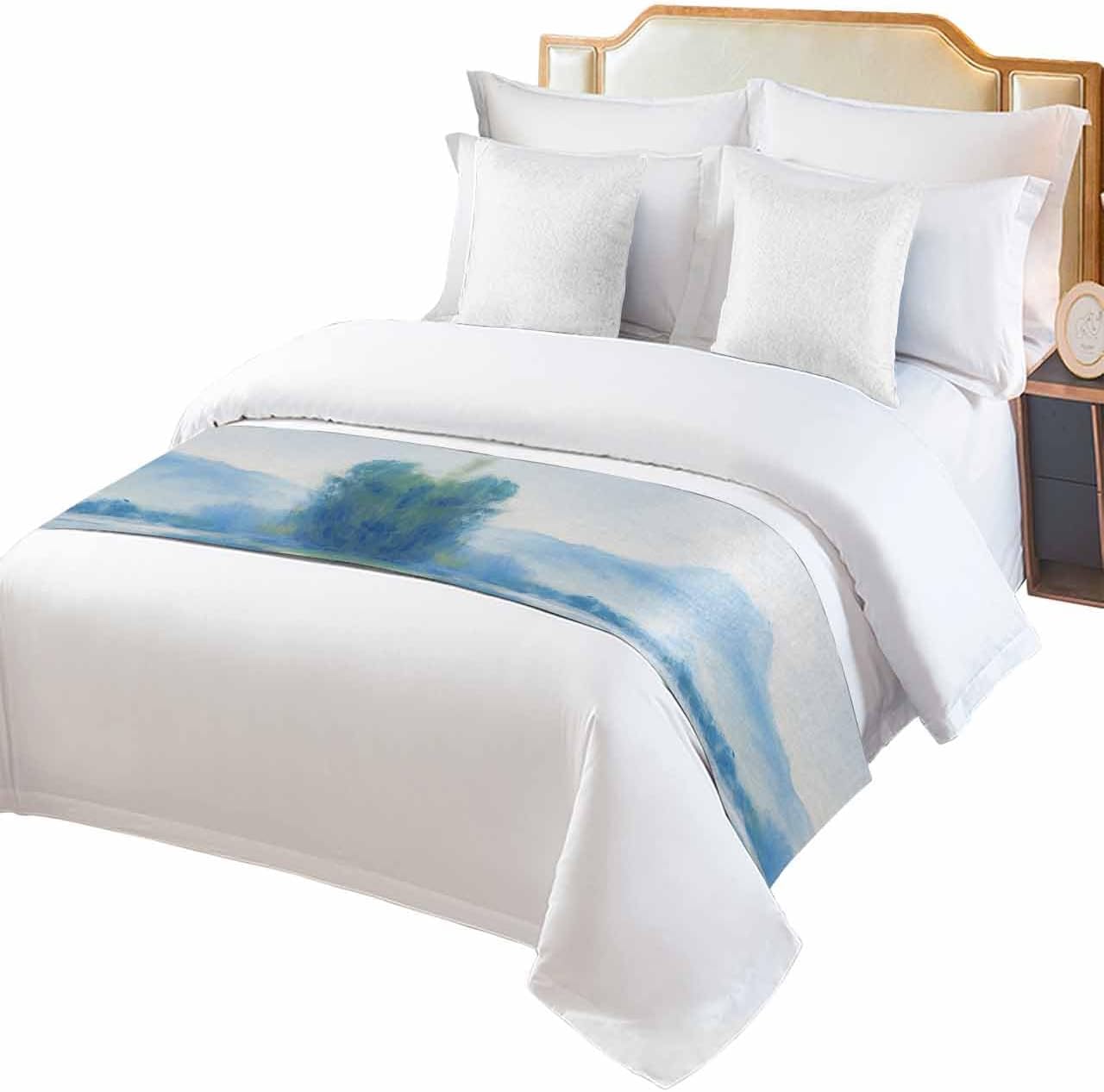Yukro Abstract Bed Runner Scarf, Sky Mountain River and Trees Landscape Watercolor Full Bed Scarf Runner, No Fading Decorative Bedding Scarf for Bedroom Hotels Homes and Guestrooms
