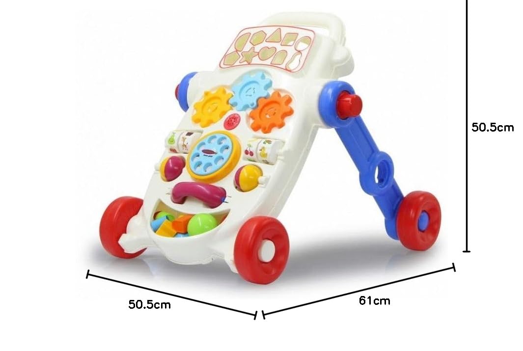 Jamara 460586 wózek do nauki chodzenia My First Walker wspiera umiejętności motoryczne precyzyjne, ergonomiczny design z uchwytem, w zestawie Sound Box, telefon i tarcza, kolorowy