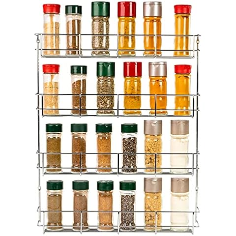 COPA Design Chrome 4-Tier Spice Rack - Herb Storage for 4 x 8 Spice Pots - Spice Racks for Wall Mounting or Inside Cupboard - Seasoning Organiser Cover