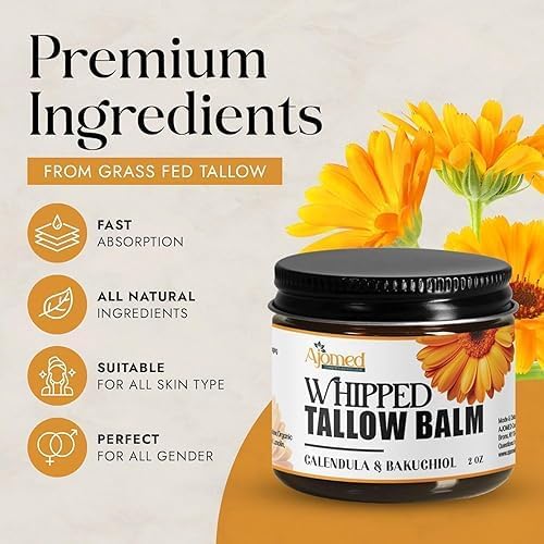 AJOMED Whipped Beef Tallow for skin Moisturizer with calendula and bakuchiol oil | beef tallow for skin care - handmade grass-feed Frankinsence tallow face cream- organic facial balm (UNSCENTED) - Image 2