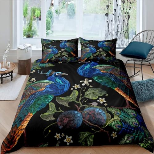 richhome Chinois Housse de Couette 220x240cm Aquarelle Paon imprimé Parure de Lit Enfants Adultes bohème Plumes Ensemble de literie Plante Branche Feuille