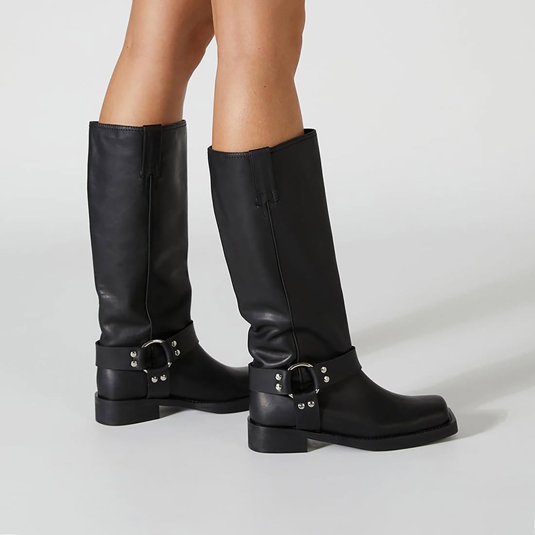 FIFSY Women's Knee High Boots Square Toe Riding Boots Motorcycle Buckle Booties, Black US 9 - Image 2