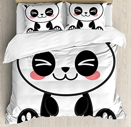Ambesonne Anime Duvet Cover Set, Cartoon Smiling Panda Fun Animal Theme Japanese Manga