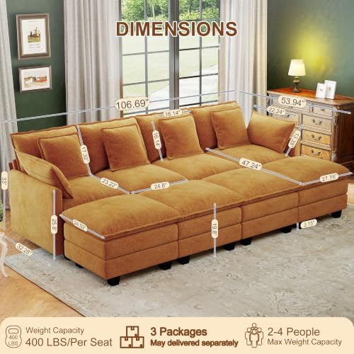 Image of 107 inch Cloud Couch Sectional Modular Sofa, Deep Seat Couches with Ottoman and Removable Washable Pillows for Living Room, Bedroom, Apartment, Orange