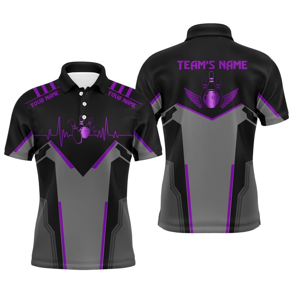 PIONAMZIOZ Custom Bowling Shirt Unisex Bowling Team Polo Quarter-Zip Bowling Heartbeat for Men Women Bowling Jersey (US, Alpha, Small, 5X-Large, Regular, Regular, Purple)