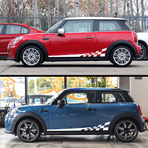 Image of 2Pcs 77.2'' Universal Racing Checkered Flag Graphic Car Body Side Sticker Self-Adhesive Side Strip Decal Lattice Grid Stripe Stickers Decoration for Mini Cooper Truck SUV Vehicles (B, White)