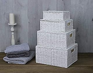 HomeZone Set Of 4 White Wicker Hamper Baskets Storage Boxes With Lid And Lock Home Storage Organisation Home Décor Bathroom Storage Bedroom Kitchen Stackable Hand Woven Hamper Gift Basket Toy Box