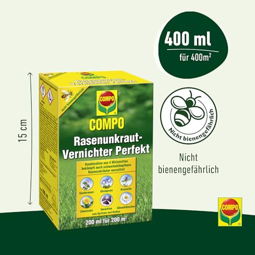 Foto von COMPO Rasen Unkrautvernichter Perfekt, Vernichtung von schwerbekämpfbaren Unkräutern, Konzentrat, 200 ml (200²)