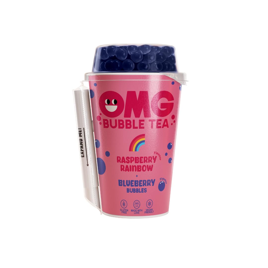 OMG Bubble tea | Real tea, Real fruit, Popping bubbles | (Pack of 10, Raspberry Tea with popping Blueberry bubbles)