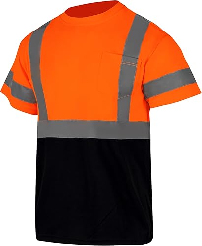 Camiseta de seguridad de alta visibilidad Clase 2 para hombre, camisa de manga corta reflectante ANSI con parte inferior negra (negro, XL)