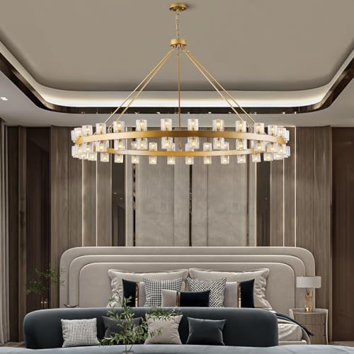 Image of 60 Inch Gold Wagon Wheel Chandelier with Crystal Shade, 60 Lights, Modern Farmhouse Style, Ideal for Dining Room, Kitchen, Entryways