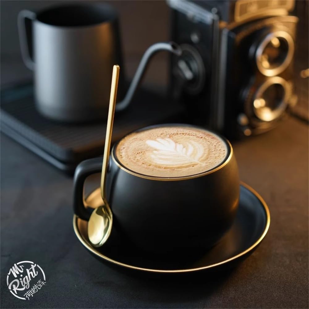 Tazas y Platillos de Cerámica Juego de café y platillo cerámica for taza té la tarde para café Capuchino Latte(Blanco)