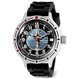 VOSTOK Submarine Captain Amphibian Automatische, selbstaufziehende 40 mm Taucher-Armbanduhr,WR 200 m,Amphibia 420831,Schwarz-blaues Zifferblatt mechanische Uhr,Leuchtpunkte, Schwarzes Harz, Taucher