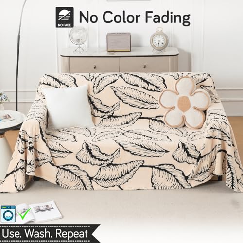 Image of HOKIPO Soft Plush Sofa Throw Cover for 3 Seater Sofa - Luxury All-Season Sofa Cover, 'Noirea Series' Botanical Leaf (180x310 cm) (AR-6653-D1)