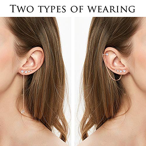 Graduation Gifts For Her Cz 925 Sterling Silver 14K Gold Plated Ear Crawler Hypoallergenic 4 Crystals Stud Earring With Chain Threader Earrings For Women (Rose Gold) #TOP1