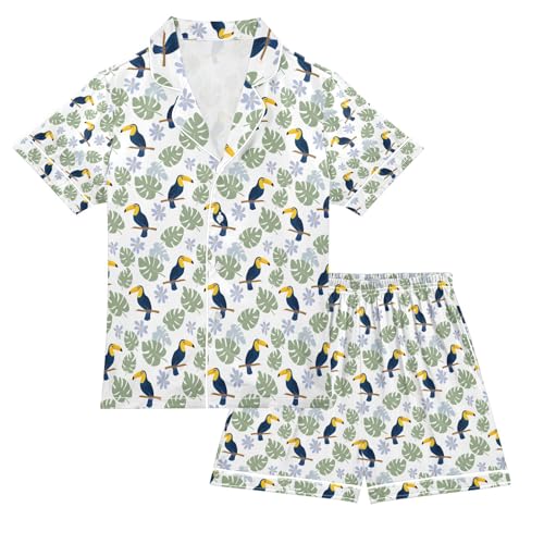Toucan Bird Pattern Summer Pajamas Set Short Sleeve Button-Up Top Shorts 2PC Satin Sleepwear