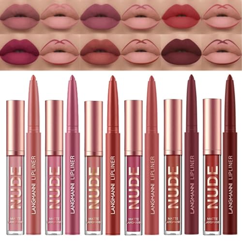 Juego de maquillaje de lápices labiales de 12 piezas, 6 líquidos mate + 6 delineadores, kit de brillo de labios resistente al agua de larga duración