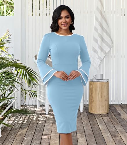 Image of Church Dress for Women Flared Sleeve Midi Pencil Dress Elegant Teacher Office Business Wear to Work Dresses