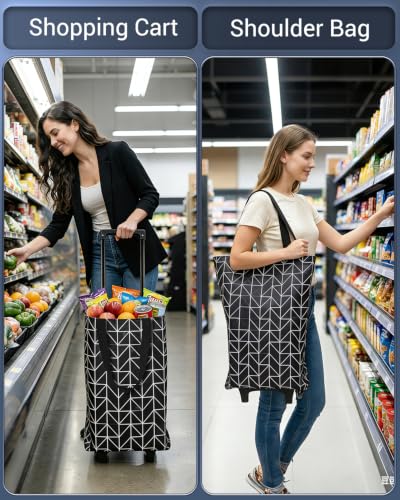 Image of Rolling Shopping Bag, Small Shopping Cart with Wheels,Collapsible Portable Waterproof Tote for Market & Grocery Runs-Gift for Women & Seniors(Black)