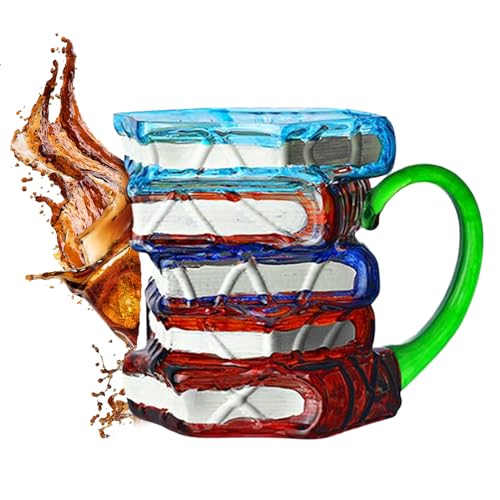 3Dブックマグカップ,ガラス製 積み上げられた本 コーヒーカップ セット - 温冷両用読書小物 文学愛好家・教師・作家・読書家への贈り物