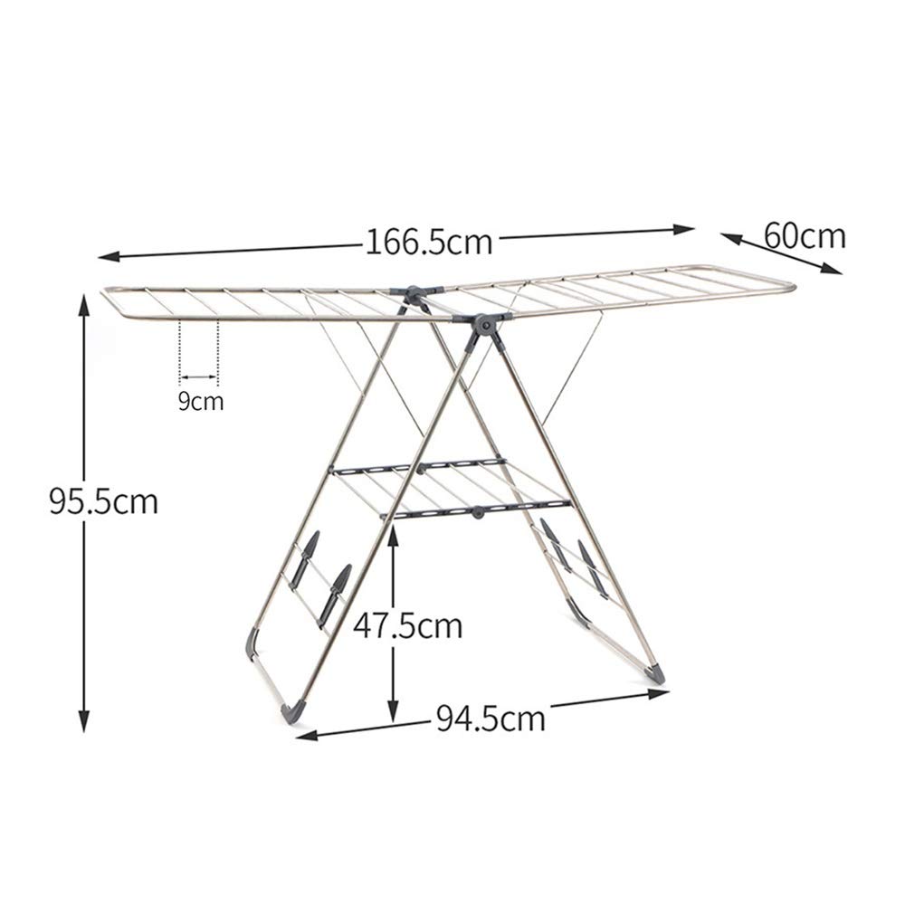 Wäscheständer, 9,6 Meter Trockenfläche, multifunktionaler Lufttrockner, Edelstahlrohre, graue Flügel-Wäscheständer, zusammenklappbarer Wäscheständer, platzsparend (Farbe: Grau, Größe: 166,5 x 60 x