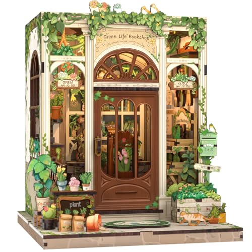 CUTEBEE Book Nook Kit - DIY Miniature House Dollhouse Kit for Adults and Teens, Booknook Tiny House Bookshelf Decor 3D Wooden Puzzle, Gifts for Family Friends (Green Life Bookshop)