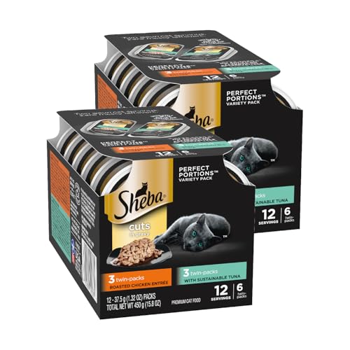 Image of Sheba Perfect Portions Wet Cat Food Cuts in Gravy, Cat Food Wet Recipe, with Sustainable Tuna, Roasted Chicken Entree, 2.6 oz. Twin-Pack Trays (6 Count, 12 Servings) (Pack of 2)