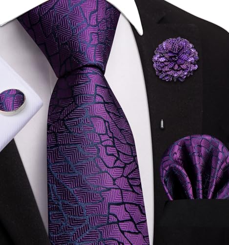 Image of Mens Tie and Lapel Pin Paisley Striped Floral Necktie for Men Pocket Square Cufflinks 4PCS Set Wedding Party
