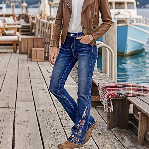 Plus Size High Waist Bell Bottom Jeans for Women Floral Embroidered Stretch Flared Denim Washed Casual4