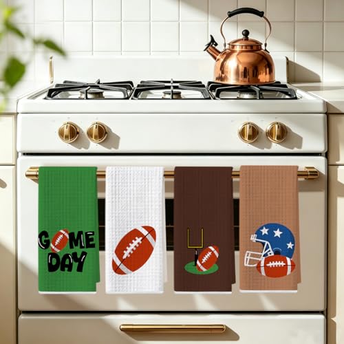 Image of 4 Pcs Football Hand Towels for Bathroom 24x14 Inch, Footballs Gifts Reusable Dish Towels for Kitchen Bathroom Home Decor, Waffle Weave Hand Cloth Tea Towel, Football Lover Gifts for Women Friend
