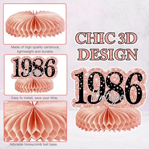 Image of 9Pcs 40th Birthday Decorations Honeycomb Centerpieces for Women, Rose Gold Pink Happy 40th Birthday Centerpieces Tables Toppers Party Decorations Supplies, Vintage 1986 Aged Table Sign Decor