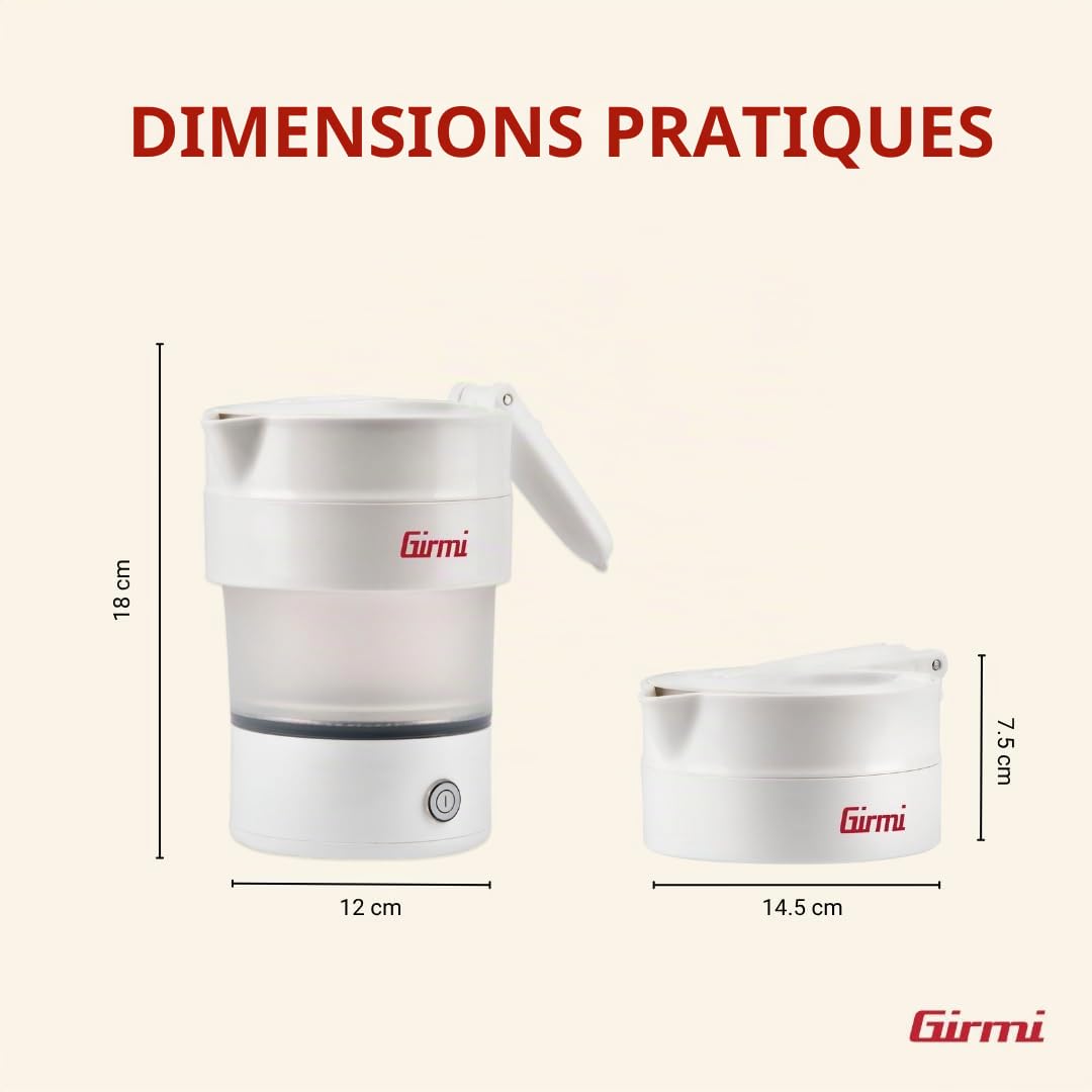 Girmi BL03 Bouilloire pliable de voyage, carafe en silicone, capacité 0,6 litre, 600 W, peu encombrant, sans BPA, câble amovible, blanc