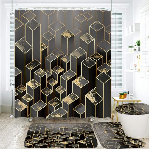 LQCOOL Black Glod Shower Curtain Set 4Pcs Marble Bathroom Sets with Rugs Waterproof Shower Curtain with 12 Hooks for Bathroom Decor