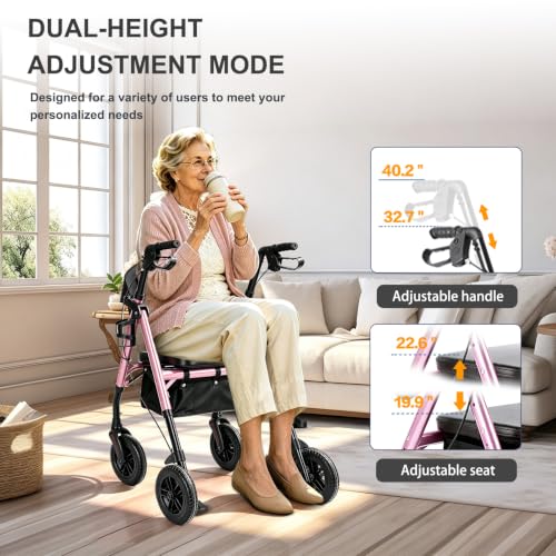 Image of Foldable Rollator Walkers for Seniors with Seat,4 Wheel Rolling Walker | 300lb|8 inch All-Terrain Wheels|Adjustable Height|Anti-tip brakes|padded seat|Tool-Free Assembly| for Adults & Mobility Impaired