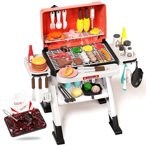 Kids Play Kitchen Toys, Outdoor BBQ Grill Playset with Smoke Sound & Light, Pretend Food Toys Barbecue Cooking Set for Toddlers Boys Girls 3 4 5 6 7 8