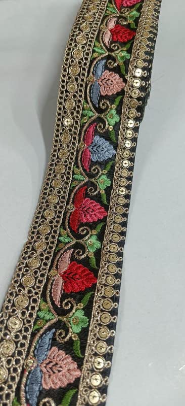 2 inch Wide Embroidered Trim Embellishment Sari Gift Wrapping Fabric Ribbon Sewing DIY Crafting Border Indian Embroidery Cushions Lace Home Decor, Saree Lace duppata lace, Lace Border 9 Meter (Black)