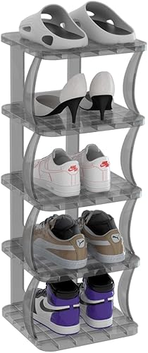 Zapatero de plástico de 5 niveles, gris, 10.6 pulgadas de ancho x 10.6 pulgadas de largo x 35.27 pulgadas de alto, almacena hasta 5 pares de zapatos