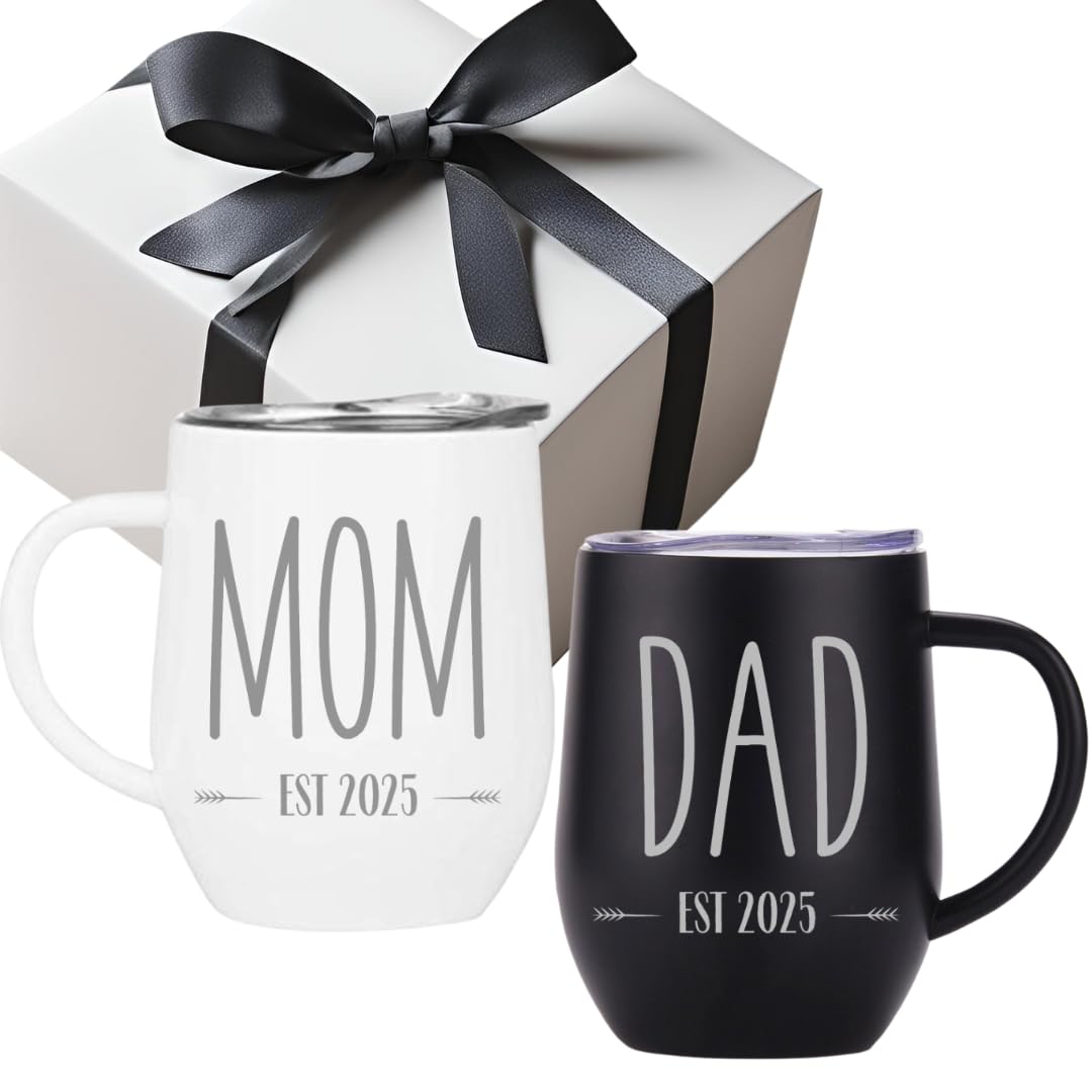 Tipit Drinkware Pregnancy Gift Est 2025- Mom and DAD Est 2025 ENGRAVED Stainless Steel Coffee Tumblers - Gift