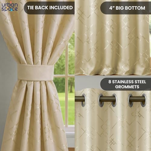 Image of Urban Space 100% True Blackout Curtains for Window, Gold Foil Printed Blackout Curtains, Blackout Decorative Curtain Eyelet with Tieback, 1 Piece Curtain for Living Room(Criss Cross Beige, 5 Feet)