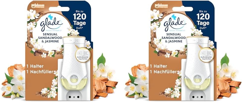 Glade electric scented oil Halter, elektrischer Raumduft Duftstecker mit Duftöl, inkl. 1 Nachfüller, Sensual Sandalwood & Jasmine, 2er Pack (1 x 20 ml)