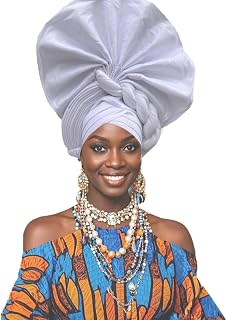Fashion Polyester African Headband - Stretchable Traditional Nigerian Wedding Headpiece, Automatic Gurler Style Fan Headband (White, 22.44in-22.83in Freely adjustable)