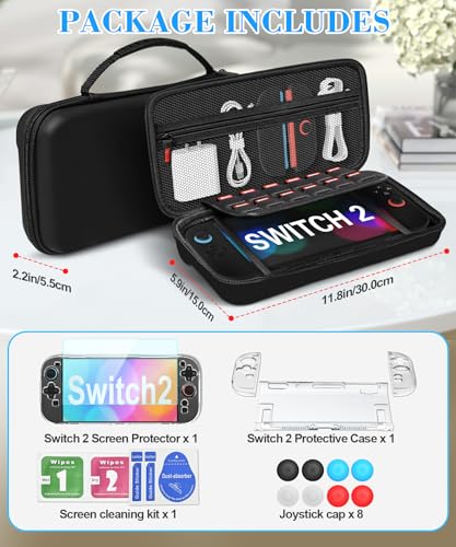 Teyomi 4-in-1 Switch 2 キャリングケース/EVAハードシェル収納ケース、クリア Switch 2 保護ケース、ドック対応、強化ガラススクリーンプロテクター1枚、PCコントローラーカバー2枚、ゲームカードスロット12個、ジョイスティック8本 (ブラックPU素材)