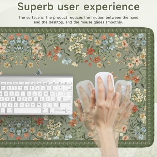 iCasso Desk Mat for Keyboard and Mouse,Large Keyboard Mat Non-Slip,Cute Desk Pad with Stitched Edges,Floral Mousepad for Women,Girly Computer Mat for Home Office Gaming(Sage Green) - Image 5
