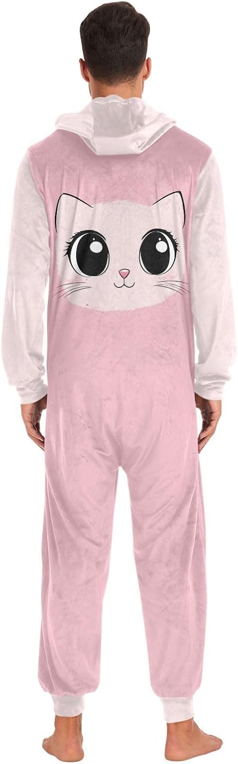 Cartoon Pink Cat Face Pink Zipper Hooded Adult Jumpsuit Pajamas with Pockets XS-3XL
