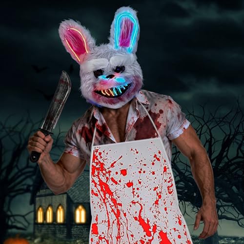 Disfarce de coelho de terror de Halloween, 3 peças fantasias assustadoras para o Halloween, Hallo-ween máscara de coelho LED, máscara de coelho, avental sangrento para disfarce de Hallo-ween, cosplay, máscara