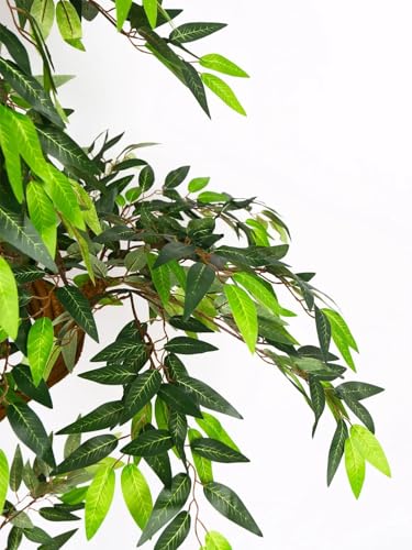 Image of ARICK DECOR 6ft Artificial Ficus Tree with Natural Wood Trunk, Large Lifelike Faux Floor Plant for Indoor Home Office Decor, Lush Green Silk Leaves in Black Pot - 180cm
